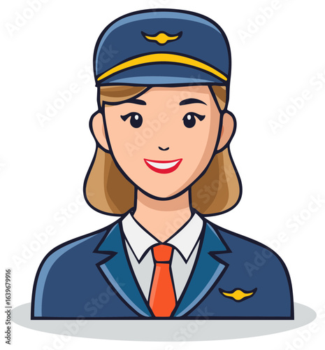 Cartoon of a smiling female airline pilot in uniform and cap