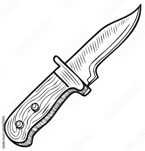 Hand drawn sketch of a rustic wooden handled hunting knife with a sharp blade