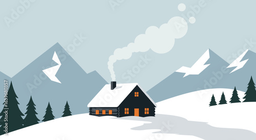 Cozy cabin in snowy mountains winter landscape digital illustration peaceful environment aerial view tranquility concept. Vector illustration
