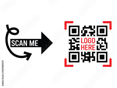 Scan me text curved arrow and hollow rectangles forming a qr code scan vector 
