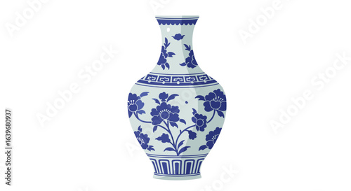 Artistic blue and white ceramic vase displayed in contemporary art gallery elegant design bright environment. Vector illustration