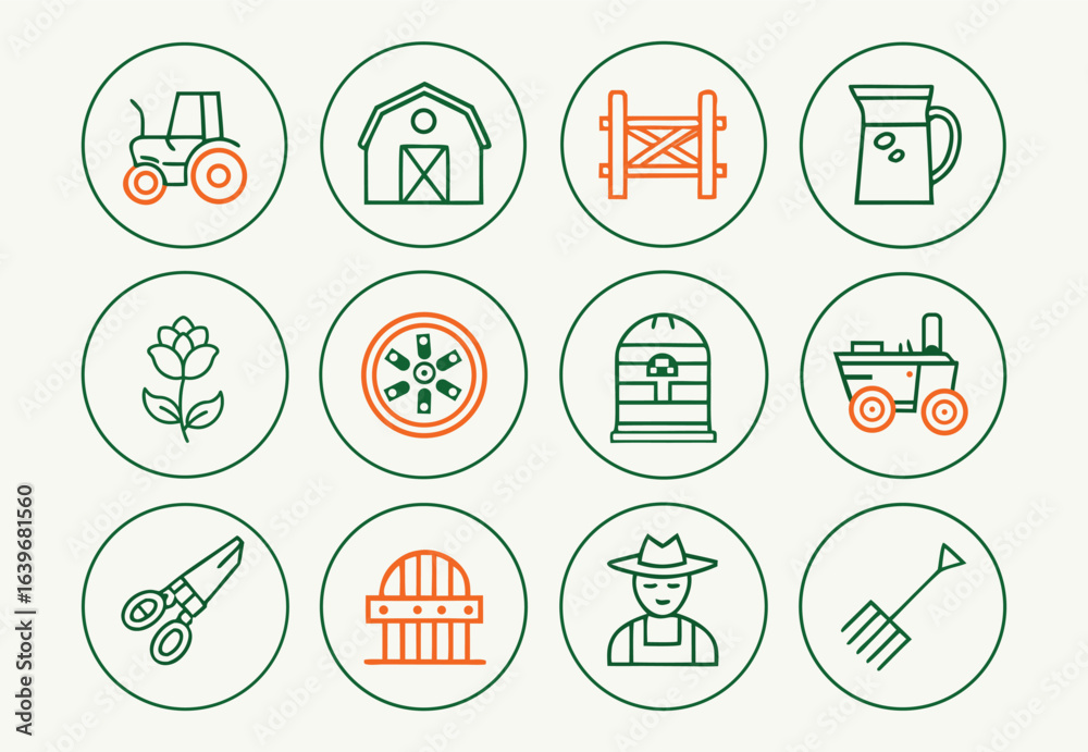 Fototapeta premium Collection of farm and agriculture icons in green and orange outline style tractor barn