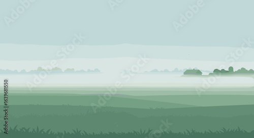 Morning mist covering the serene green fields nature scene soft light tranquil environment landscape view. Vector illustration
