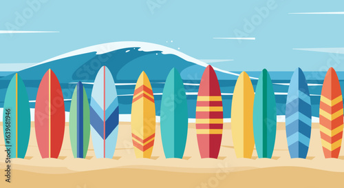 Surfing action at the beach with colorful surfboards coastal environment vibrant viewpoint summer fun concept. Vector illustration