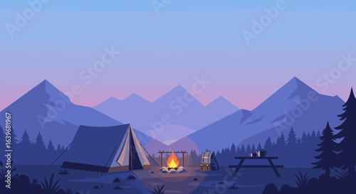 Camping adventure by the campfire mountain range digital illustration serene environment dusk viewpoint outdoor experience. Vector illustration