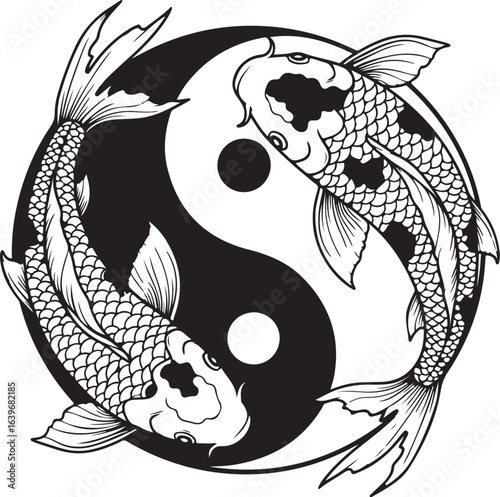Yin Yang Koi Fish Symbol, Black and White Vector Illustration