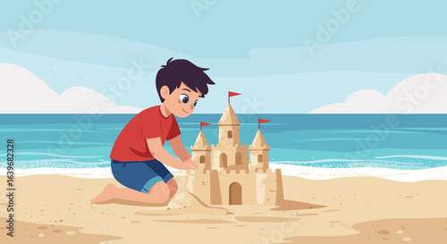 Child building sandcastle on beach coastal scene illustration bright day playful atmosphere. Vector illustration