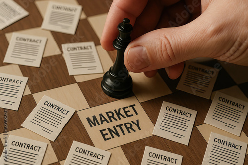 Wallpaper Mural Strategic planning and management are essential in business for successful market entry decisions shown by hand moving chess piece among contract papers on wooden board Torontodigital.ca