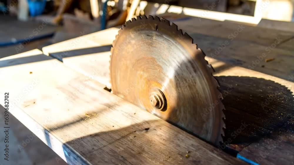 Capturing Precision: A Close-Up Look at a Circular Saw Cutting Wood in a Workshop Setting Capturing Precision: A Close-Up Look at a Circular Saw Cutting Wood in a Workshop Setting
