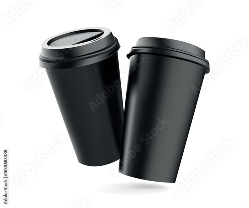 Realistic black mock up cups set with black plastic lid. Coffee to go, take out mug for your design