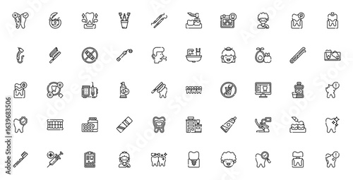 Dental care icon set. Minimal vector illustration. Dentistry symbols pack. Includes tooth, dental floss, dentist, braces, x-ray, mouthwash, implant, clinic and more. Editable stroke.