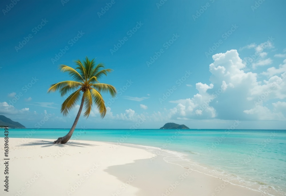 Obraz premium Escena minimalista de playa isleña con una sola palmera, aguas turquesas y arena blanca. Tranquilidad tropical, perfecta para relajarse
