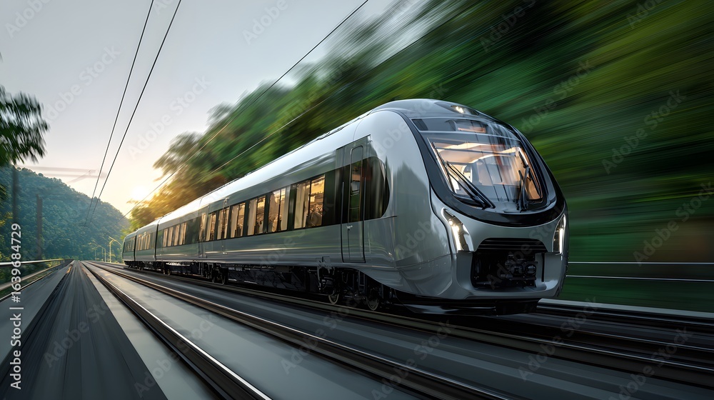 Naklejka premium Futuristic high speed train modern transportation technology eco friendly travel