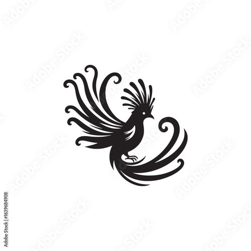 "Elegant Resplendent Quetzal Bird Vector Silhouette, Showcasing Long Flowing Tail Feathers, Graceful Profile, Exotic Form, Perfect for Nature Art, Tropical Designs, Wildlife Logos, and Ornamental Deco