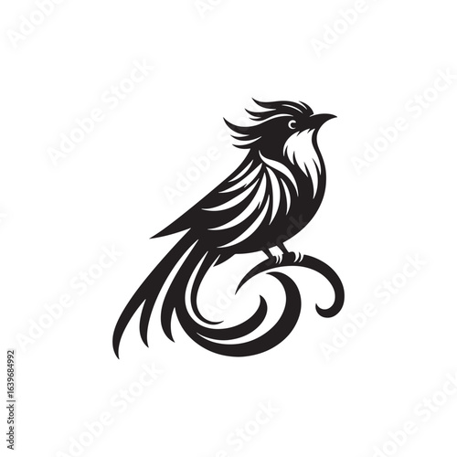 "Elegant Resplendent Quetzal Bird Vector Silhouette, Showcasing Long Flowing Tail Feathers, Graceful Profile, Exotic Form, Perfect for Nature Art, Tropical Designs, Wildlife Logos, and Ornamental Deco