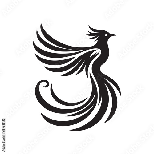 "Elegant Resplendent Quetzal Bird Vector Silhouette, Showcasing Long Flowing Tail Feathers, Graceful Profile, Exotic Form, Perfect for Nature Art, Tropical Designs, Wildlife Logos, and Ornamental Deco