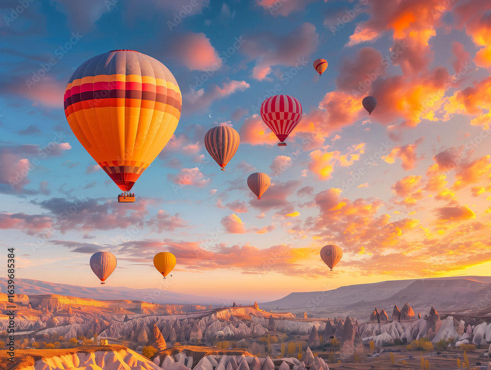 Fototapeta premium Hot air balloons over Cappadocia at sunrise, colorful sky, magical travel scene