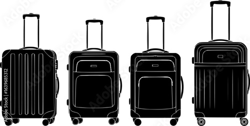 a row of various black suitcases with handles and wheels, simple vector illustration, white background

