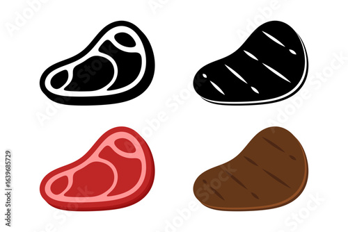 Raw and Grilled Steak Icon Set. Meat Symbols Isolated on White Background. Vector Illustration