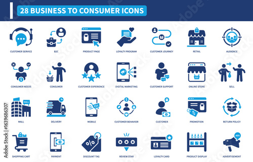 Business to consumer icon set. Containing customer service, loyalty program, customer journey, online store, and digital marketing icons. Flat icon collection.
