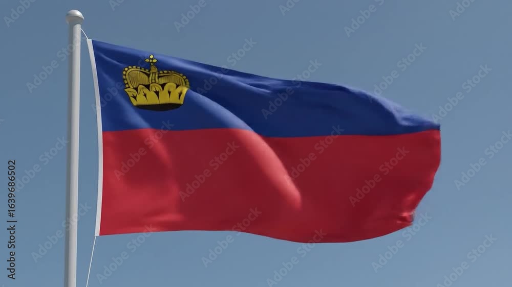 Waving national flag of Liechtenstein in detailed 3D rendering with crown emblem visible Waving national flag of Liechtenstein in detailed 3D rendering with crown emblem visible