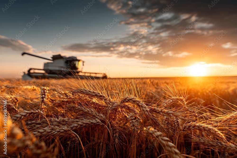 Fototapeta premium A golden wheat stalk stands against a vibrant sunset with a combine harvester in the distance, symbolizing agricultural abundance, sustainable food production, and the rural prosperity.