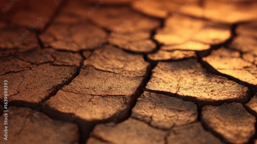 Obraz premium Close-up view of cracked earth surface under warm lighting, highlighting drought effects in nature