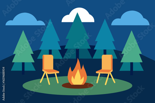 camping chairs around warm fire in forest clearing cozy gathering