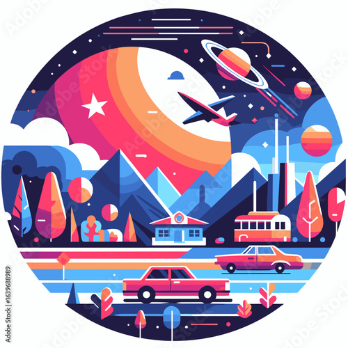Colorful retro scene with cars, mountains, and planets in background  