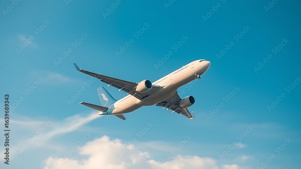 Airplane climbing into a clear blue sky, leaving white contrails against a backdrop of soft clouds. Airplane climbing into a clear blue sky, leaving white contrails against a backdrop of soft clouds.
