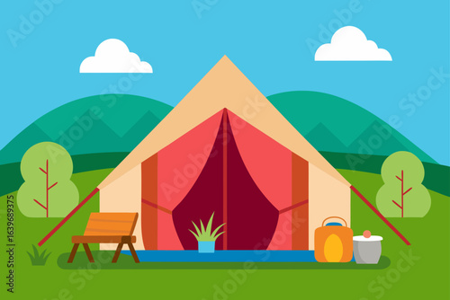 glamping tent with luxury decor in meadow