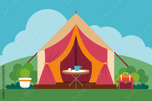 glamping tent with luxury decor in meadow outdoor retreat