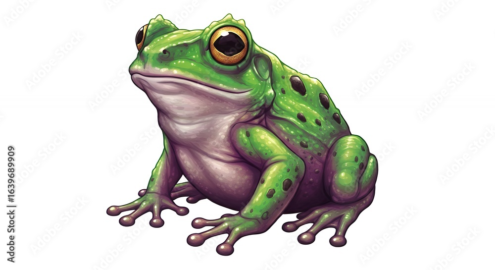Obraz premium Cartoon Green Frog Sitting on White Background with Large Eyes and Bumpy Skin