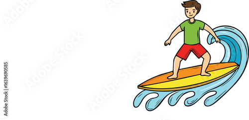 A cartoon illustration of a surfer riding a wave on a surfboard, enjoying the ocean.
