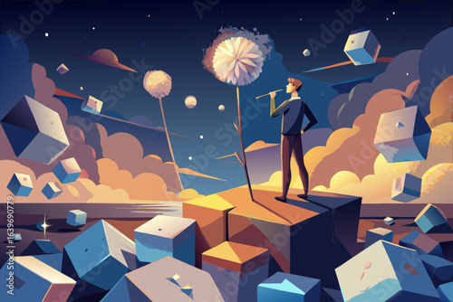 Man with flute gazes at floating dandelions and cubes