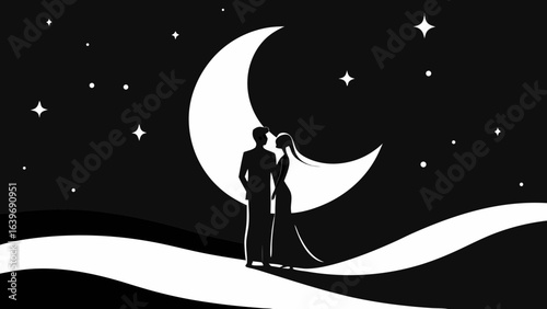 Couple silhouetted against a crescent moon and starry night sky