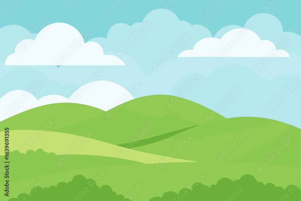 Watercolor Grassy Hills Under Soft Cloudy Sky Watercolor Grassy Hills Under Soft Cloudy Sky