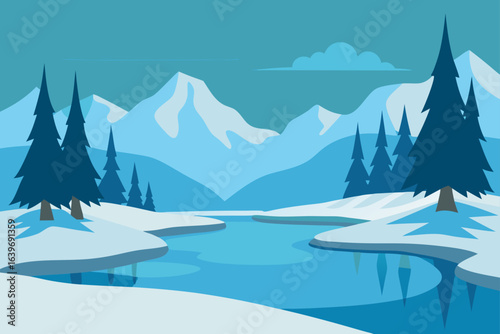 Watercolor Frozen Lake with Snowy Winter Trees Scene