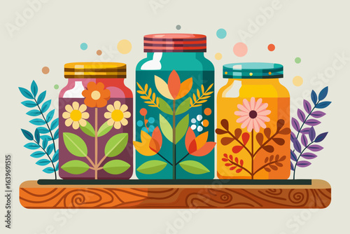 Three jars of flowers and plants on a wooden shelf