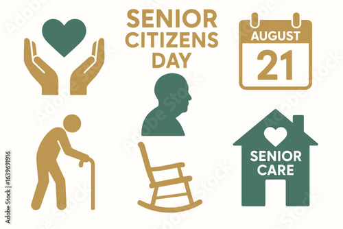 Senior Citizens Day vector set with caring hands, elder silhouettes, heart icons, and senior care symbols.