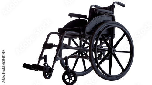 A standard black manual wheelchair for mobility and accessibility, isolated on white background