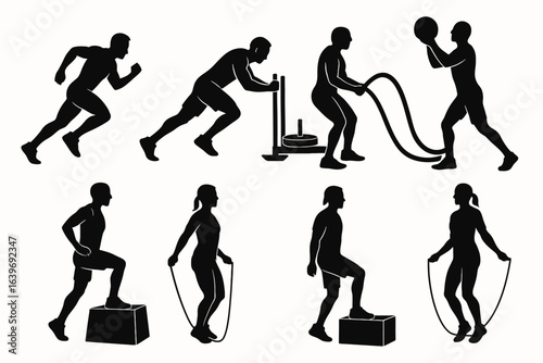 crossfit circuit vector, sprint silhouette, sled push icon, rope wave EPS