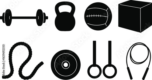 Solid black silhouettes of CrossFit equipment: barbell, kettlebell, medicine ball, plyo box, battle rope, weight plate, gymnastic rings, and speed rope. 8-piece collection, simple shapes on white back