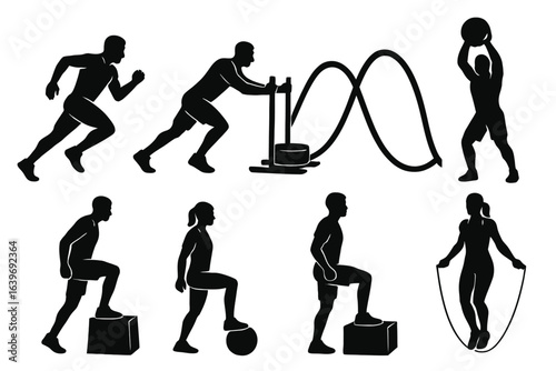 Solid black silhouettes of high-intensity CrossFit circuits: athlete doing sprint, sled push, rope wave, slam ball throw, box step-up, and double under jump rope. 8-piece set with clean shapes.