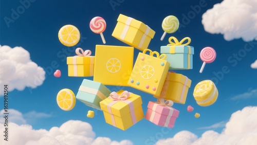 Colorful Gift Boxes and Sweets Floating in Bright Sky with Clouds