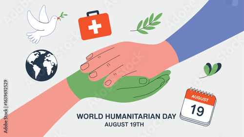 World Humanitarian Day vector set with helping hands, first aid kits, peace dove, and humanitarian relief icons.