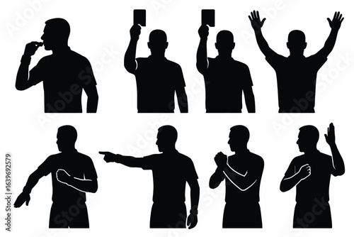 Solid black silhouettes of refereeing in football: referee blowing whistle, showing yellow card, showing red card, signaling goal, and signaling foul. 8-piece set on white background.