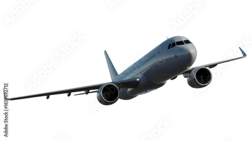 Commercial passenger jet airplane in flight, isolated on a white background for travel concepts