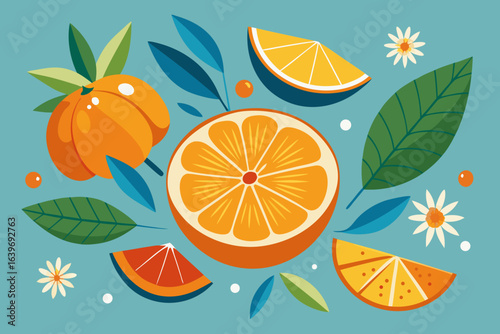 Vibrant citrus fruit and leaf pattern on blue background