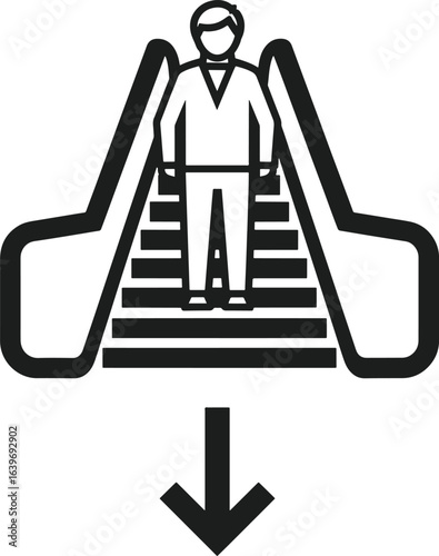 Man on descending escalator with directional arrow